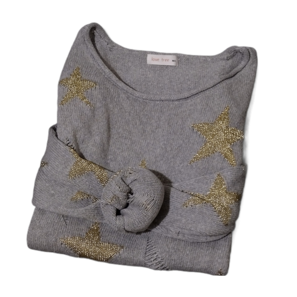 Love Tree - Destressed Grey Sweater w/ Gold Stars